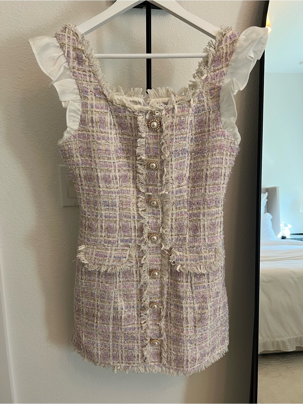 SHEIN Lilac & Cream Tweed Pearl-Button Dress with Ruffle Sleeves